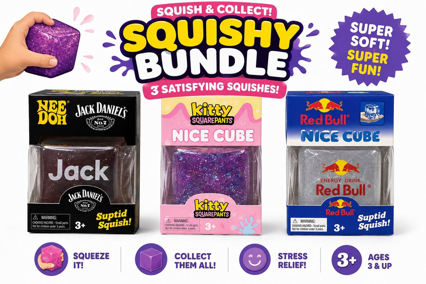 Jack Daniel's, Kitty Squarepants & Red Bull inspired Nice Cubes | Squishy Bundle – Squish & Collect | 3 Satisfying Squishes