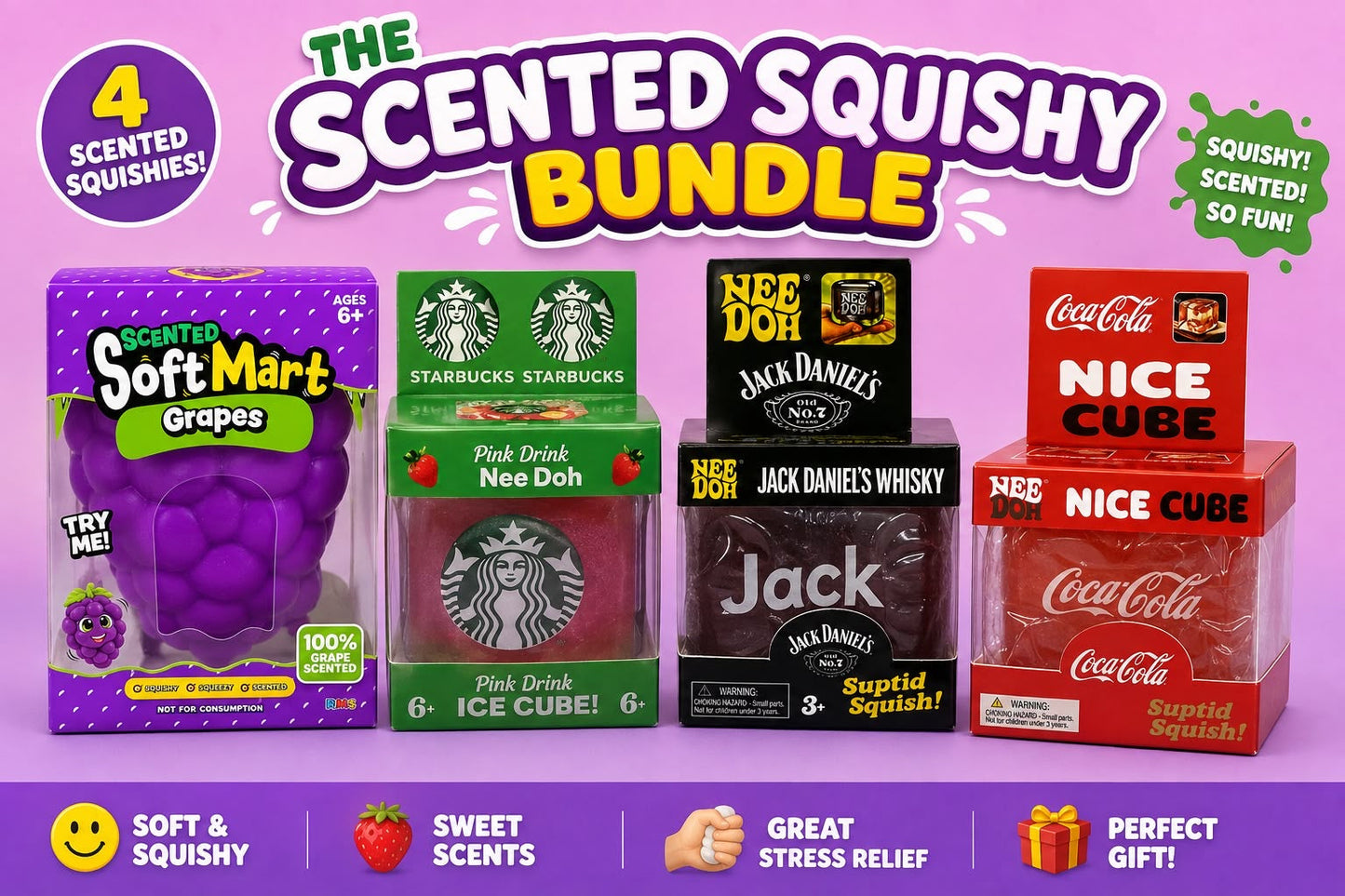 Soft Mart Grapes Squishy, Starbucks inspired Nice Cube, Jack Daniel's Whisky inspired Nice Cube & Coca-Cola inspired Nice Cube - The Squishy Bundle β 4 Squishies