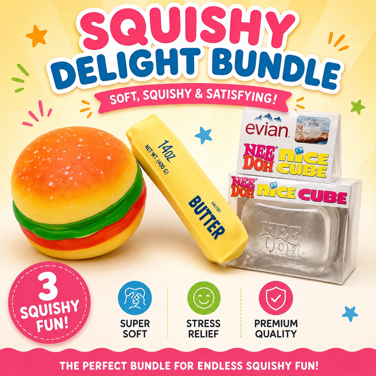 Burger Squishy, Butter Squishy, Evian inspired Squishy - Squishy Delight Bundle – Soft, Squishy & Satisfying Stress Relief Toy Set (3-Pack)