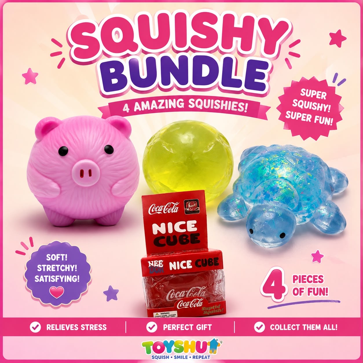 Pink Pig Squishy, Apple Squishy, Coca-Cola inspired Nice Cube & Glitter Turtle Squishy – Squishy Bundle (4 Amazing Squishies)