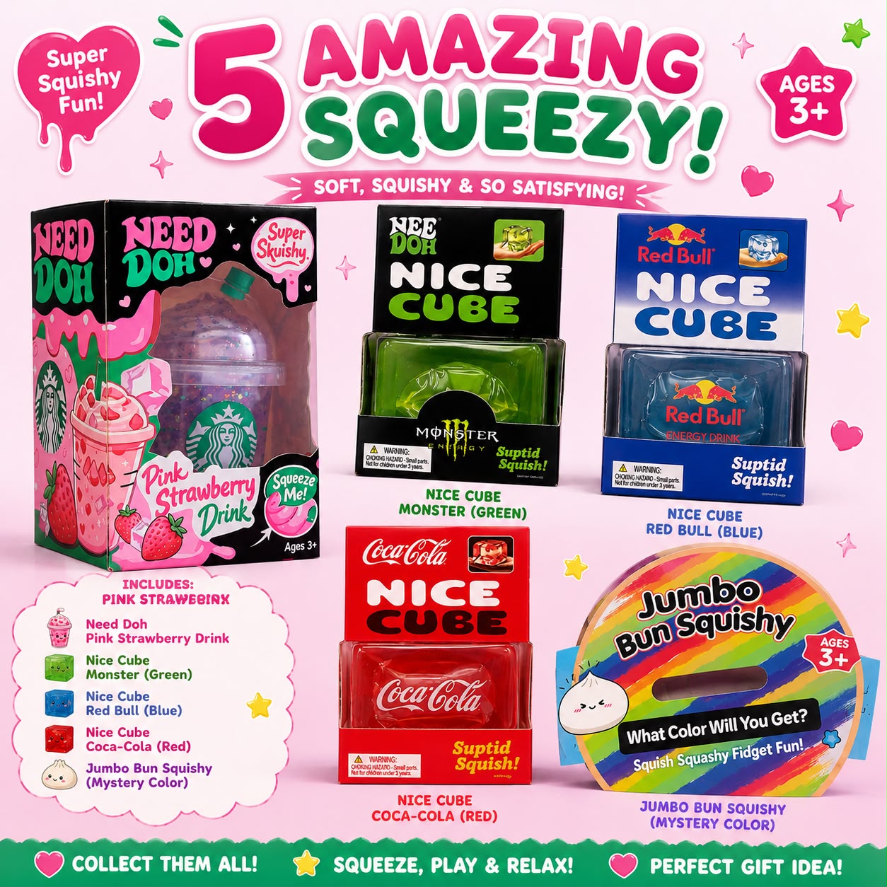Starbucks Cup Squishy, Jumbo Bun Squishy & Nice Cubes - 5 Amazing Squeezy Bundle – Soft, Squishy & So Satisfying | Nice Cubes & Jumbo Bun Squishy