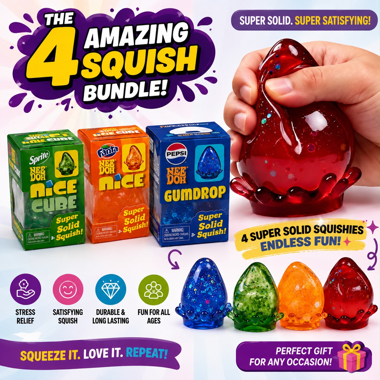 The 4 Teardrop Amazing Squish Bundle (Sprite, Fanta & Pepsi Edition) - Fun Nice Cube Squishy Bundle
