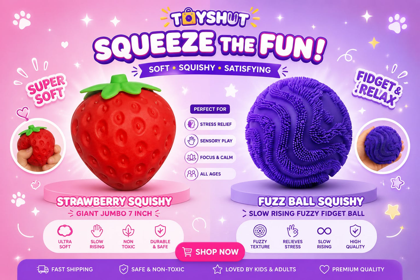 Strawberry & Fuzz Ball Squishy Bundle – Giant Jumbo Slow Rising Fidget Toys