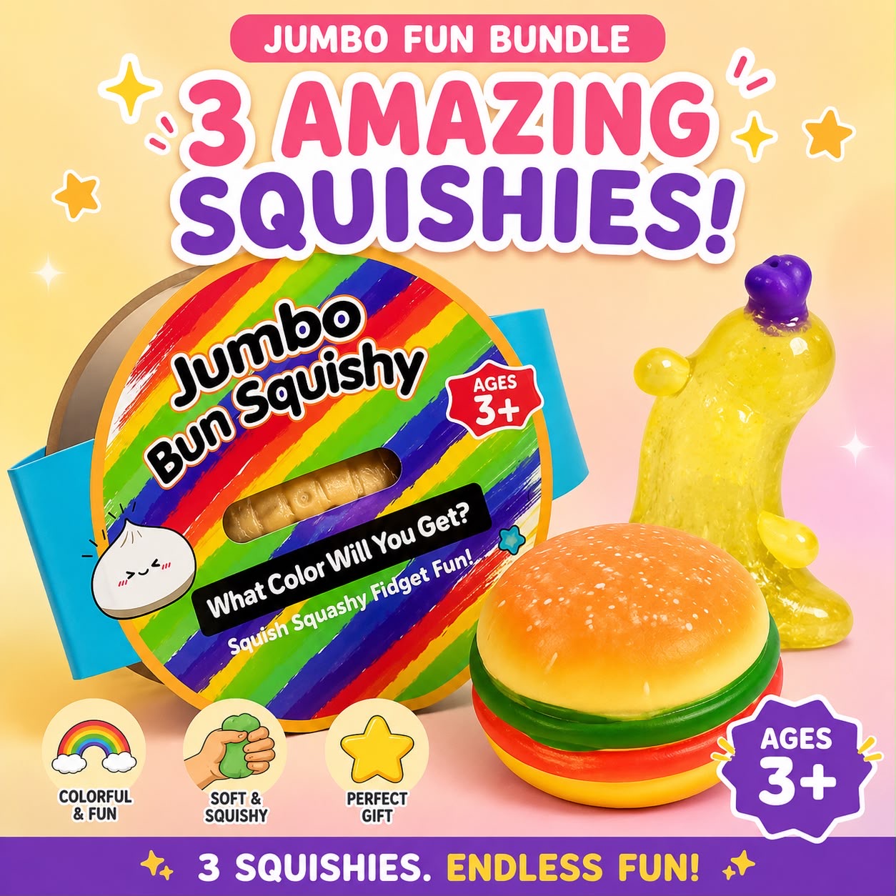 Mega 12” Bun Squishy, Burger Squishy & Glitter Banana Squishy - 3 Amazing Squishies - Fun Bundle