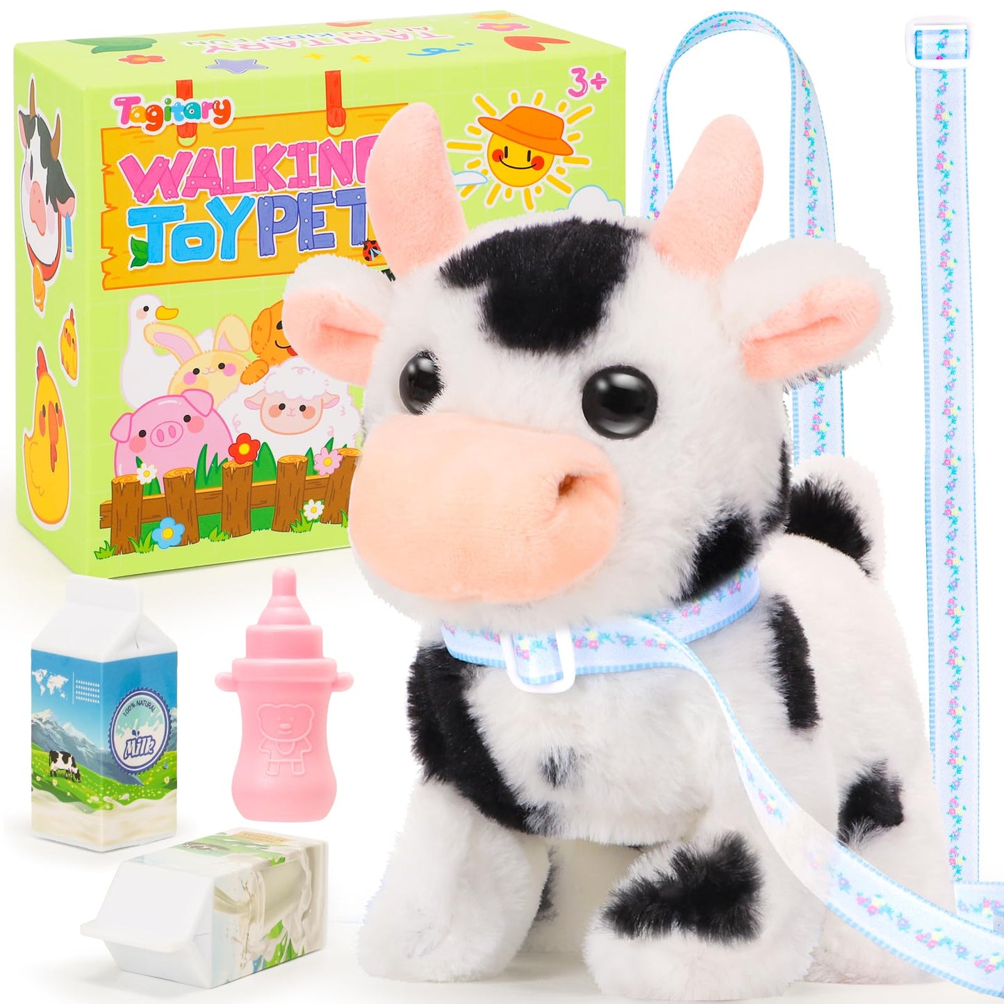 Hopearl Walking Cow Interactive Electronic Pet Plush Diary Cattle Toy with Sounds and Movements MOO Nodding Head Wag Tail Animated Gift for Toddlers Birthday, Black, 7''