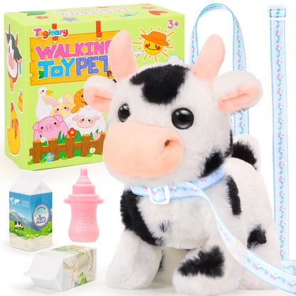 Hopearl Walking Cow Interactive Electronic Pet Plush Diary Cattle Toy with Sounds and Movements MOO Nodding Head Wag Tail Animated Gift for Toddlers Birthday, Black, 7''