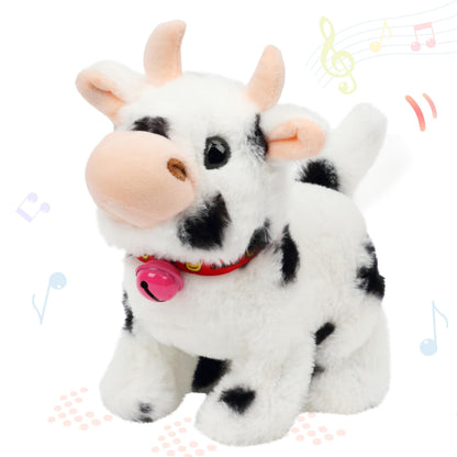Hopearl Walking Cow Interactive Electronic Pet Plush Diary Cattle Toy with Sounds and Movements MOO Nodding Head Wag Tail Animated Gift for Toddlers Birthday, Black, 7''