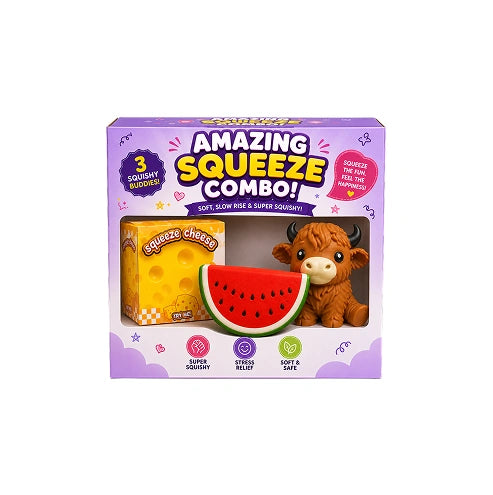 Amazing Squeeze Combo – Squeeze Cheese, Watermelon & Cow Squishy Bundle