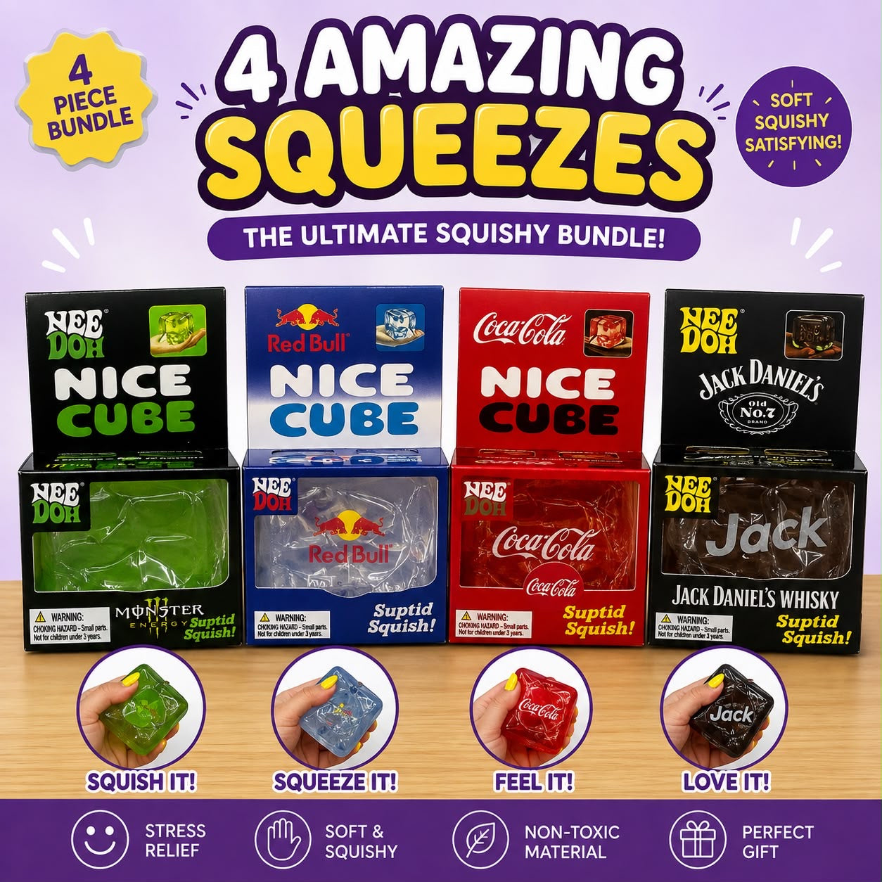 Monster Energy Nice Cube, Red Bull inspired Nice Cube, Coca-Cola inspired Nice Cube & Jack Daniel's Whisky inspired Nice Cube - 4 Amazing Squeezes – The Ultimate Squishy Bundle