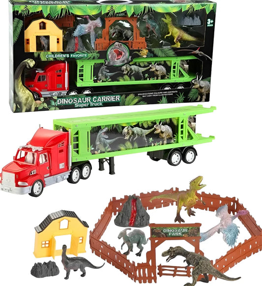 Dinosaur Carrier Truck With 4 Dinosaurs and 1 Vehicle Dino Park Pretend Play Kids Toy with Military Vehicle, Dinosaur Figures