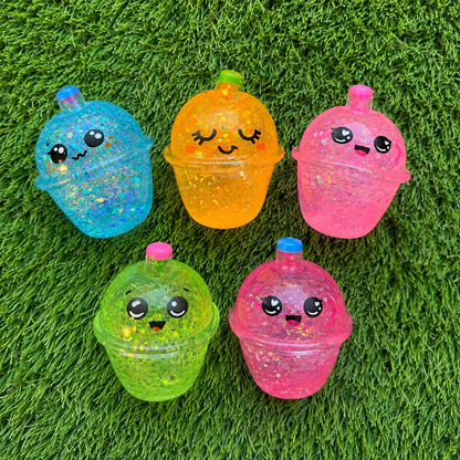 Kawaii Face Bubble Cup Glitter Squishy - Glitter Boba Cup Squishy