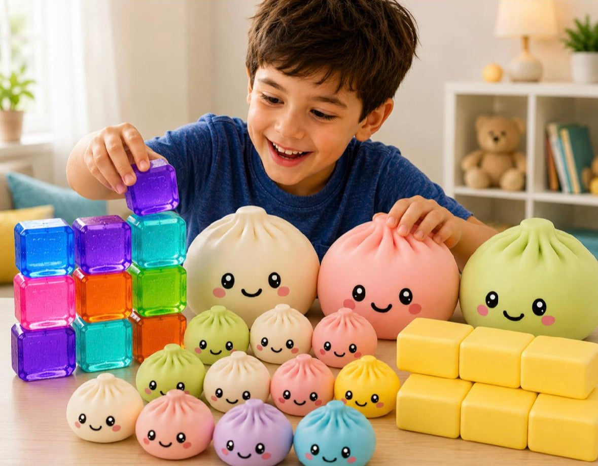 Dumpling Squishy, Needoh, Butter squishy, Giant squishy party package 3:--  Needoh Squishy Party Bundle Set of 48 — 12 Dumpling Squishies + 12 Butter Squishies + 12 NeeDoh Ice Cube  + 6 Giant dumpling  Dumpling Squishies
