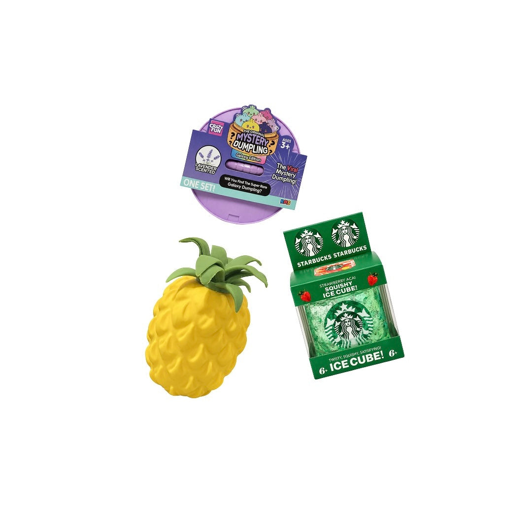 Squishy Fun Bundle – Pineapple, Mystery Dumpling & Strawberry Acai Ice Cube