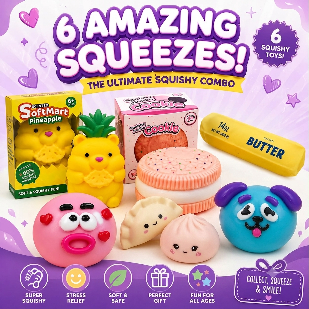 Pineapple Squishy - Cookie Squishy - Butter Squishy - Dumpling Squishy - Smushers - 6 Amazing Squeezes – The Ultimate Squishy Combo