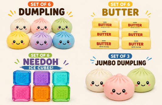 Party squishy package 2:-Set of 6 Dumpling, Set of 6 Butter, Set of 6 Needoh, Set of 3 Jumbo dumpling colors may vary