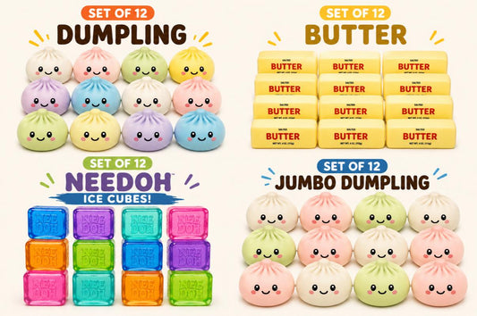 Squishy Party Bundle Set of 48 — 12 Dumpling Squishies + 12 Butter Squishies + 12 Nee Doh Ice Cube Balls + 12 Jumbo Dumpling Squishies | Viral Fidget Toys | Bulk Party Favors for Kids