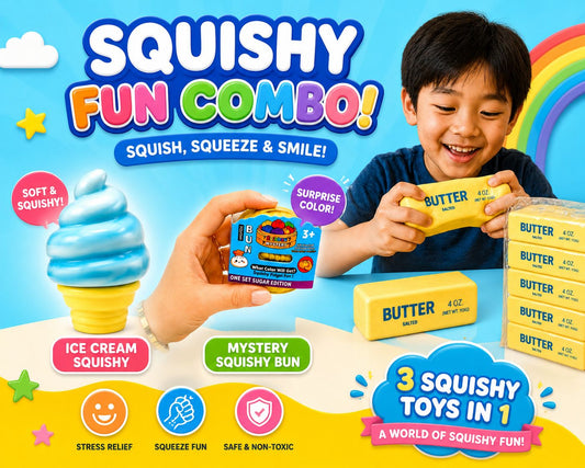 Mini glitter dumpling, Butter squishy, Ice cream cone squishy party package 1:- Set of 3 Butter squishy, Set of 3 Mini glitter dumpling, set of 3 Ice cream cone, colors may vary