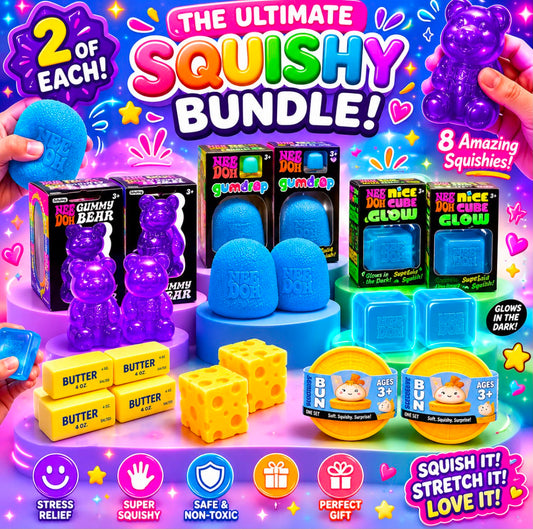The Ultimate Squishy Bundle – Needoh Gummy Bear - Needoh Gumdrop - Needoh Nice Cube Glow - Cheese Squishy - Bun Surprise Squishy - Bundle 2 of Each! 8 Squishies, Endless Fun!