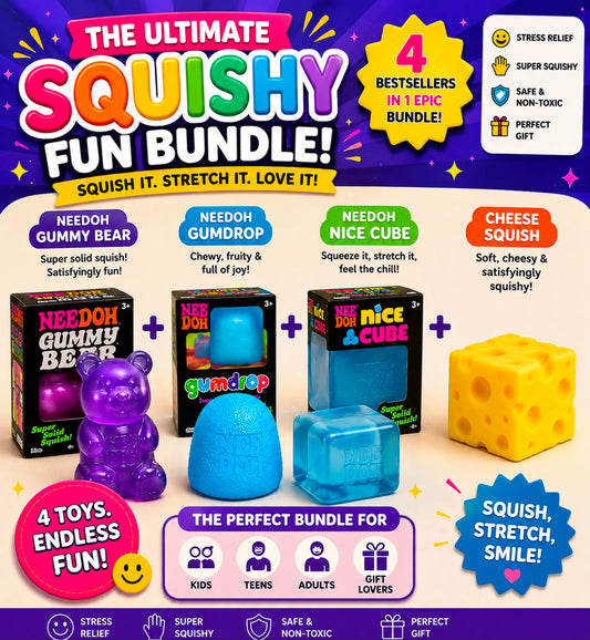 The Ultimate Squishy Fun Bundle –  Needoh Gummy Bear - Needoh Gumdrop - Needoh Nice Cube - Cheese Squishy - 4 Bestsellers in 1 Epic Bundle!