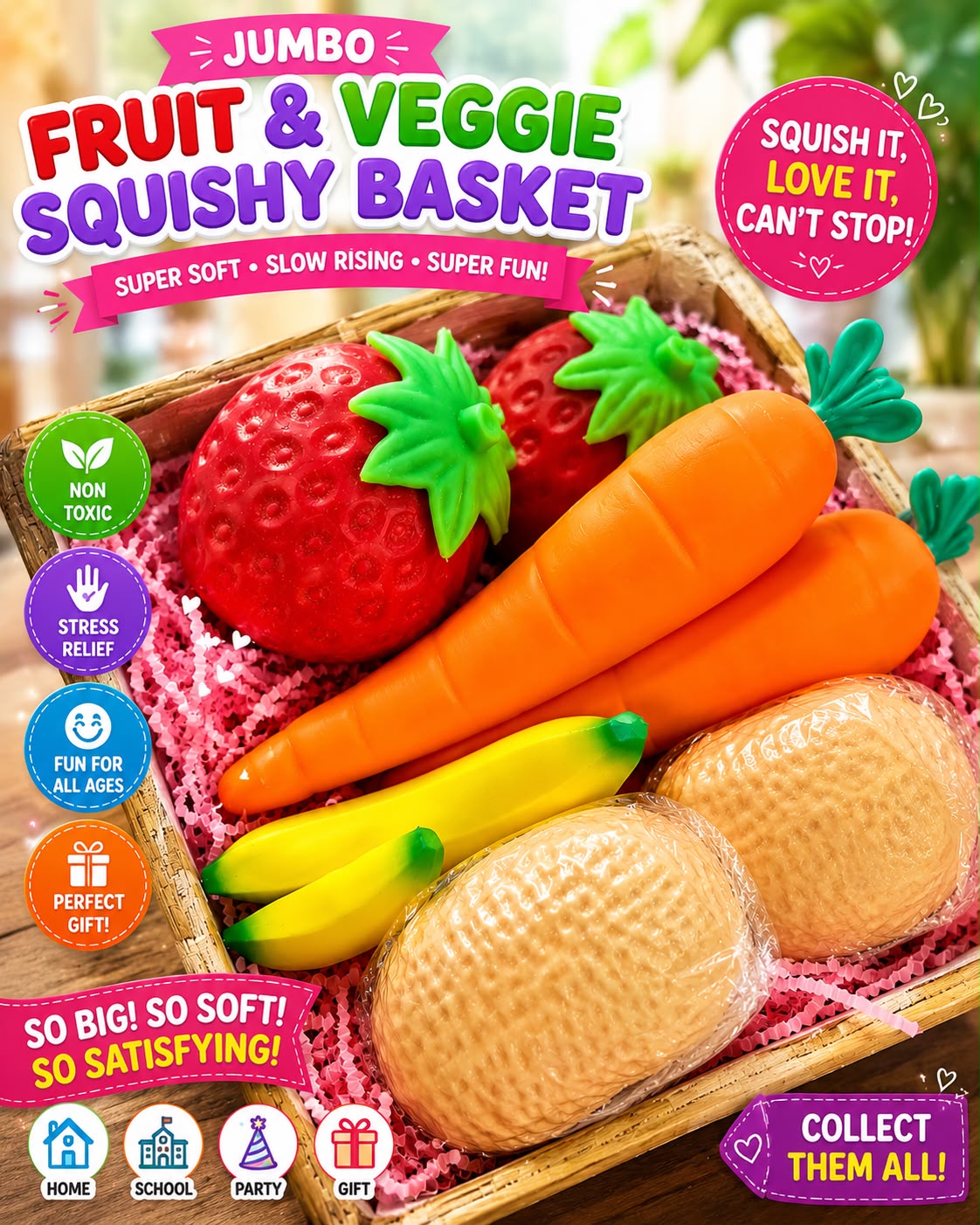 2 Big Strawberries 2 Carrots 2 Peanuts and 1 Big and Small Banana Fruit & Veggie Squishy Basket | Super Soft Slow Rising Stress Relief Fidget Toys for Kids | Non-Toxic Sensory Squishies Set – Perfect Gift for Home, School & Party