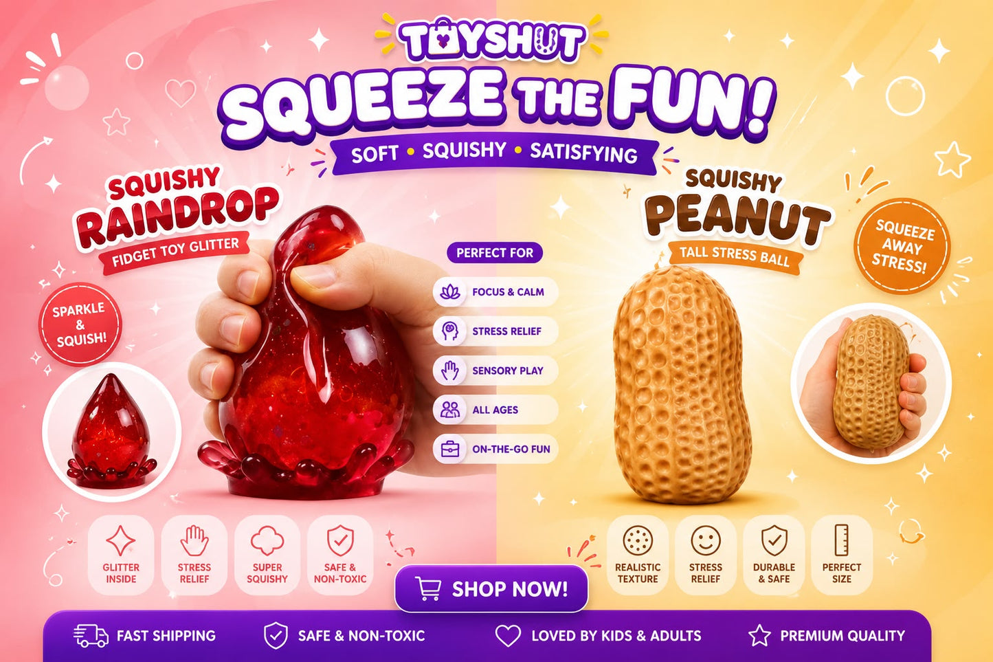 Squishy Raindrop & Peanut Bundle – Glitter Fidget Toy + Tall Stress Peanut