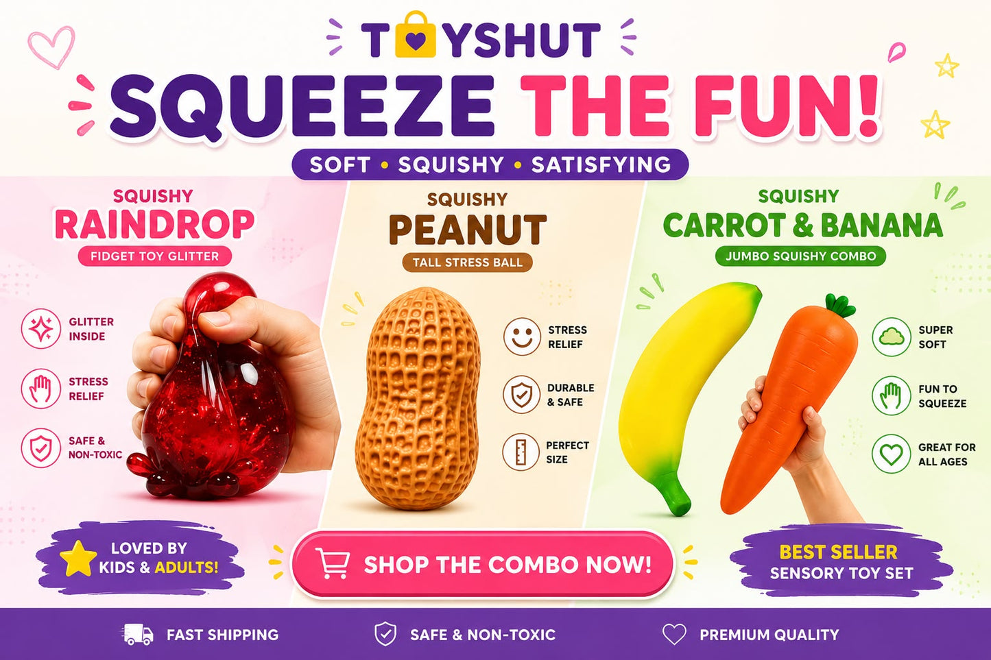 Squishy 4-Pack Combo Bundle – Raindrop, Peanut & Carrot Banana Jumbo Sensory Toys