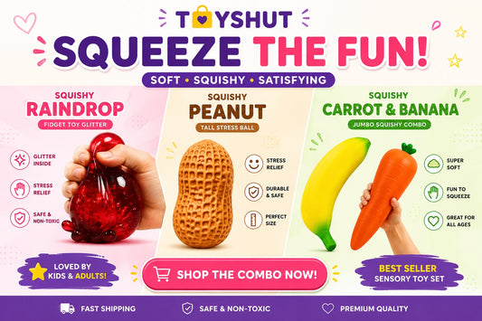 Squishy 4-Pack Combo Bundle – Raindrop, Peanut & Carrot Banana Jumbo Sensory Toys