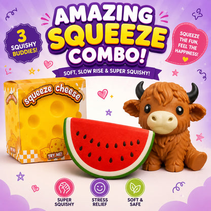 Amazing Squeeze Combo – Squeeze Cheese, Watermelon & Cow Squishy Bundle