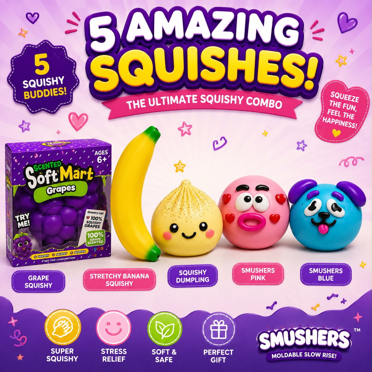 Smushers - Dumpling Squishy - Banana Squishy - Grape Squishy - 5 Amazing Squishes – The Ultimate Squishy Buddy Combo (Set of 5)