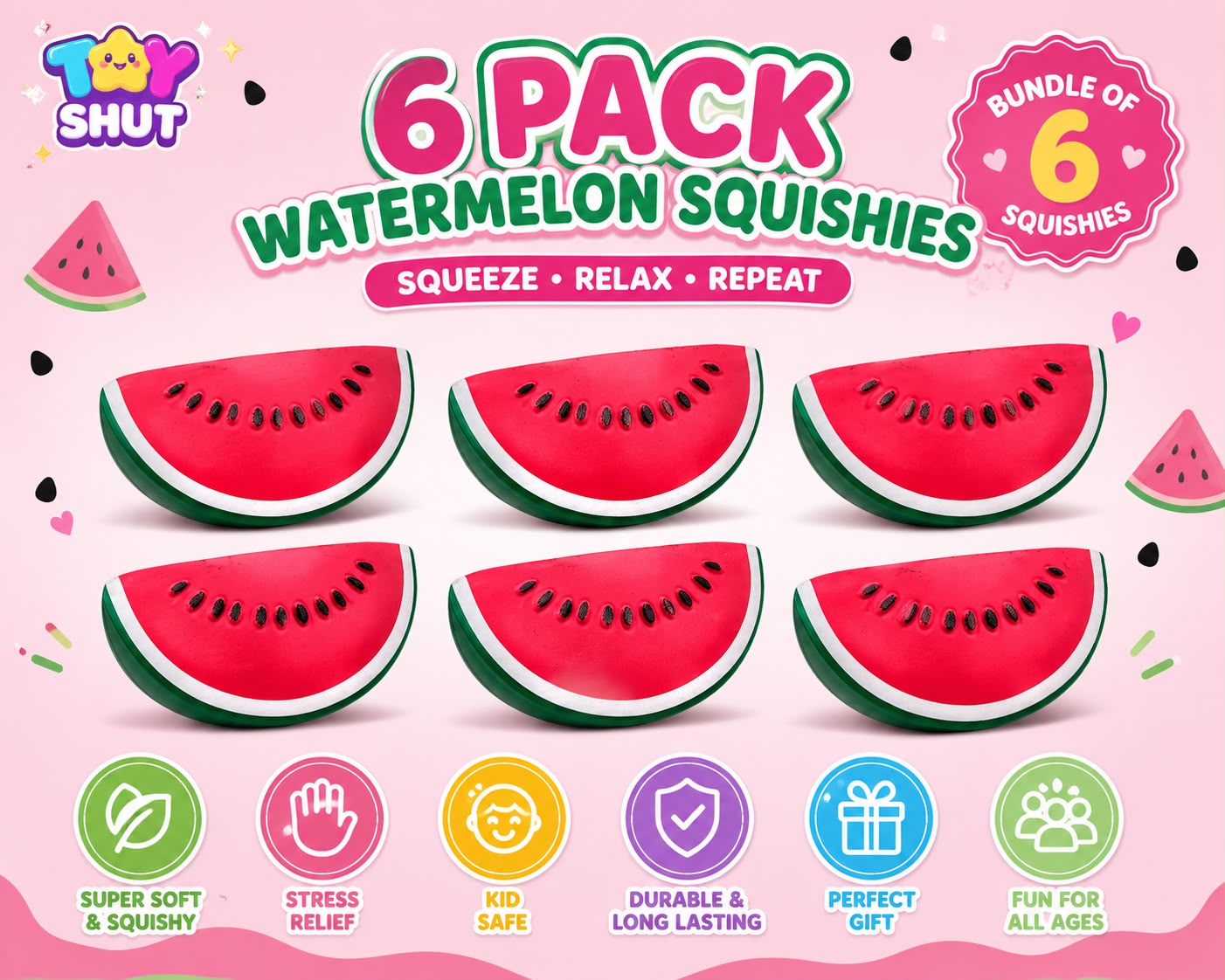 6 Pack Watermelon Squishies – Slow Rising Stress Relief Squishy Toy Bundle