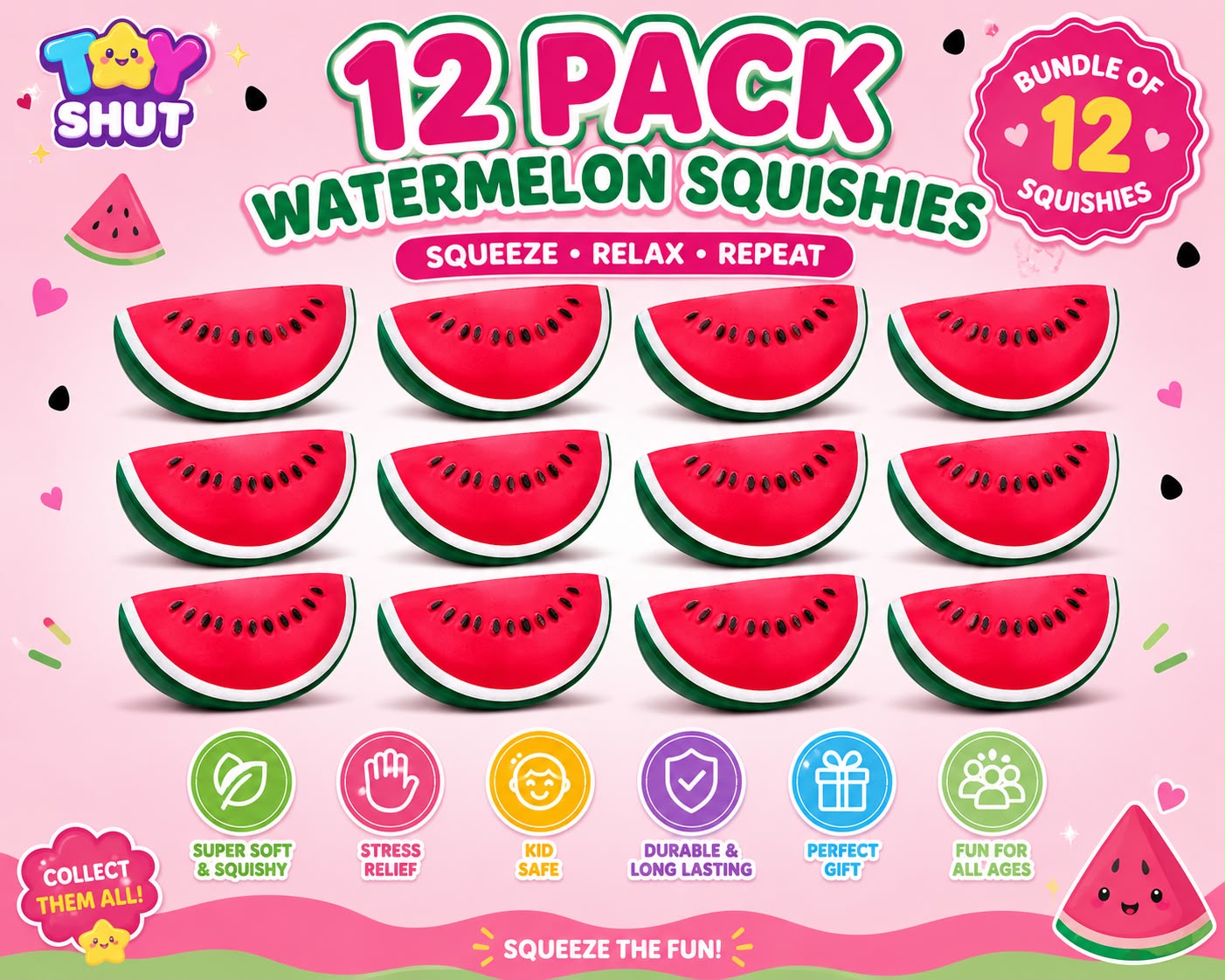 12 Pack Watermelon Squishies – Slow Rising Stress Relief Squishy Toy Bundle