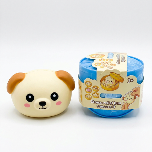 Crunchy bun squishy shown outside its packaging alongside the container