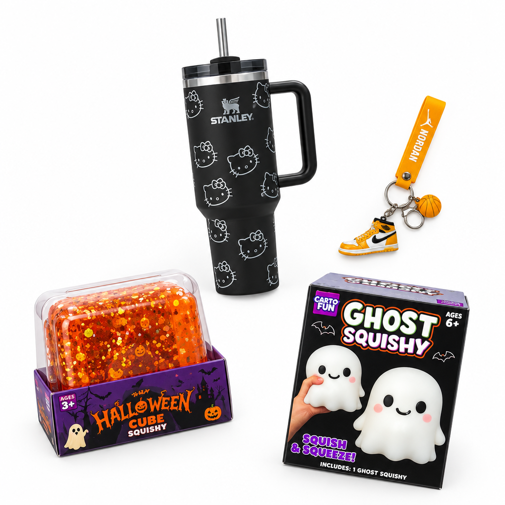 Halloween Bundle – Stanley Tumbler, Ghost Squishy, Halloween Glitter Nice Cube & Sneaker Keychain